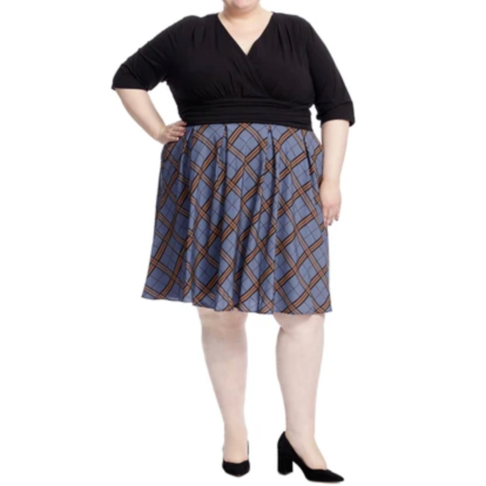 ❣️eShakti Pockets Plaid Mixed Media Half Sleeve Fall Office Career Twofer Dress